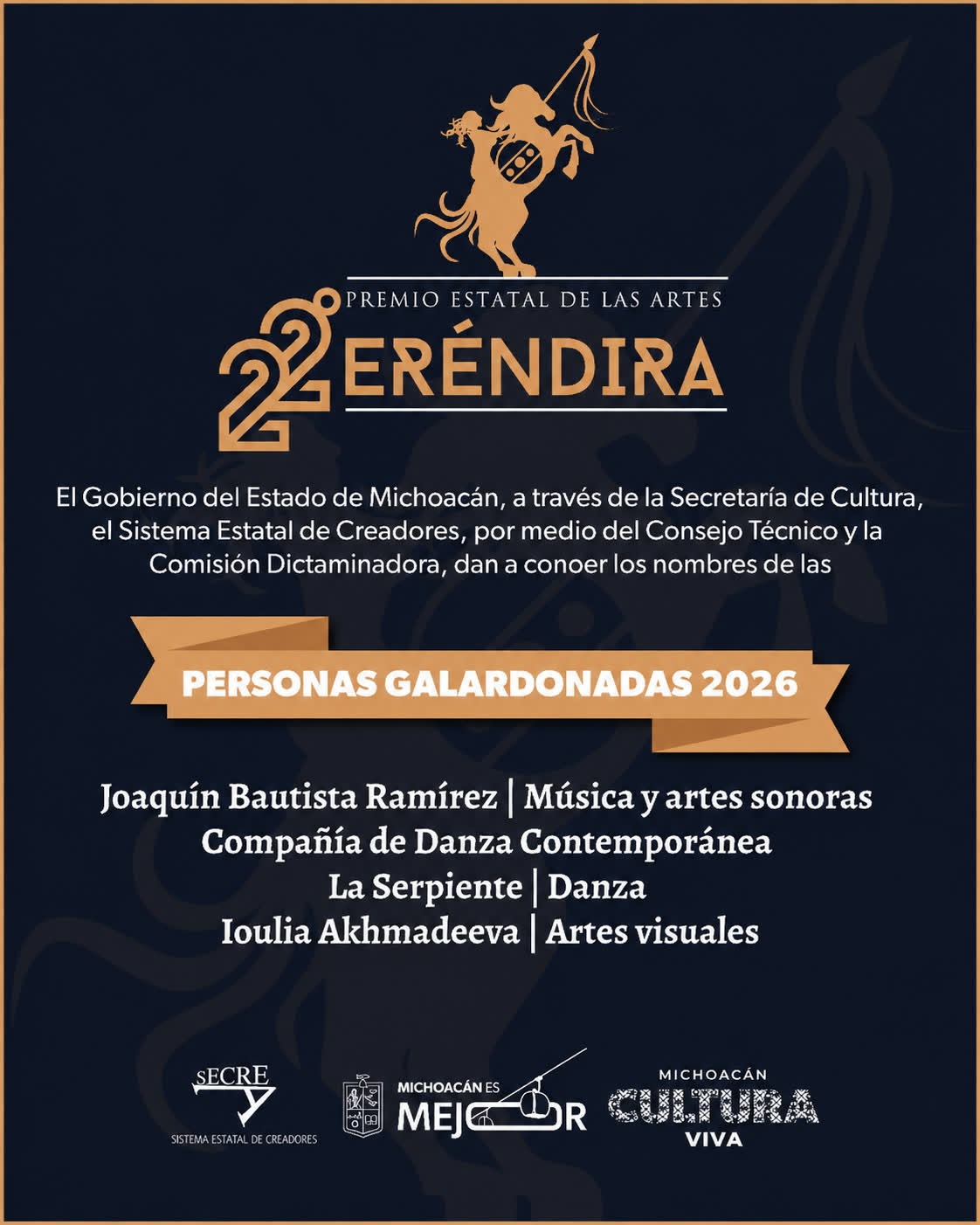 ¡Dan a conocer a las y los ganadores del Premio Estatal de las Artes Eréndira 2026!