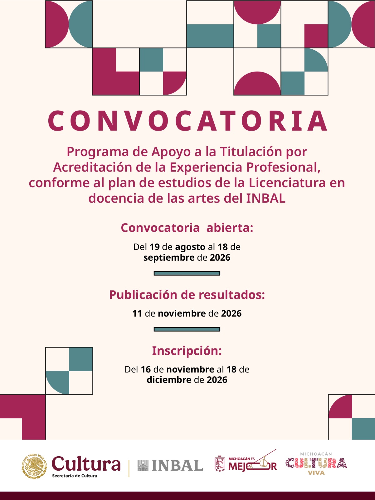 Contenedor de Arte | ABREN CONVOCATORIA PARA TITULACIÓN EN DOCENCIA DE LAS ARTES POR INBAL